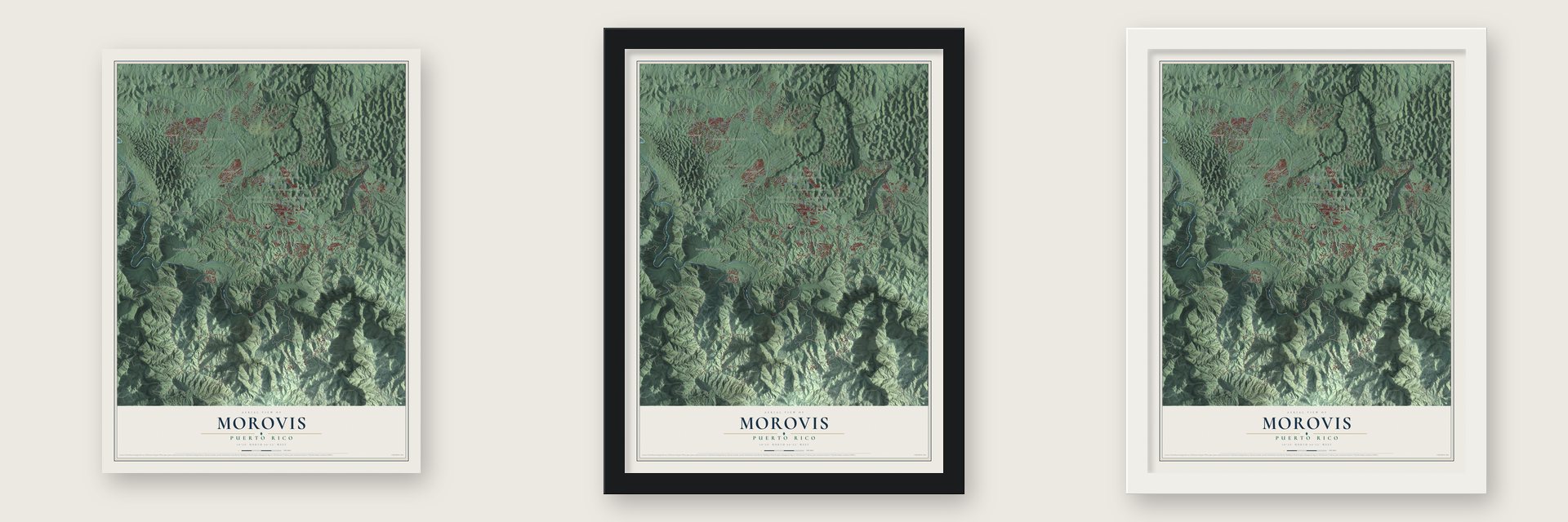 Morovis, Puerto Rico map unframed, in a black wood frame and in a white wood frame