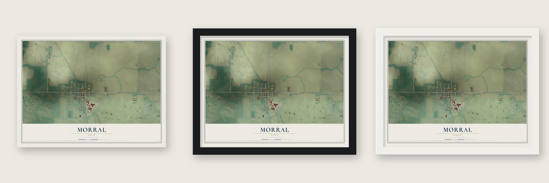 Morral, Ohio map unframed, in a black wood frame and in a white wood frame