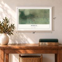Morral, Ohio map, 12 x 18 inch print in a white frame in an entryway