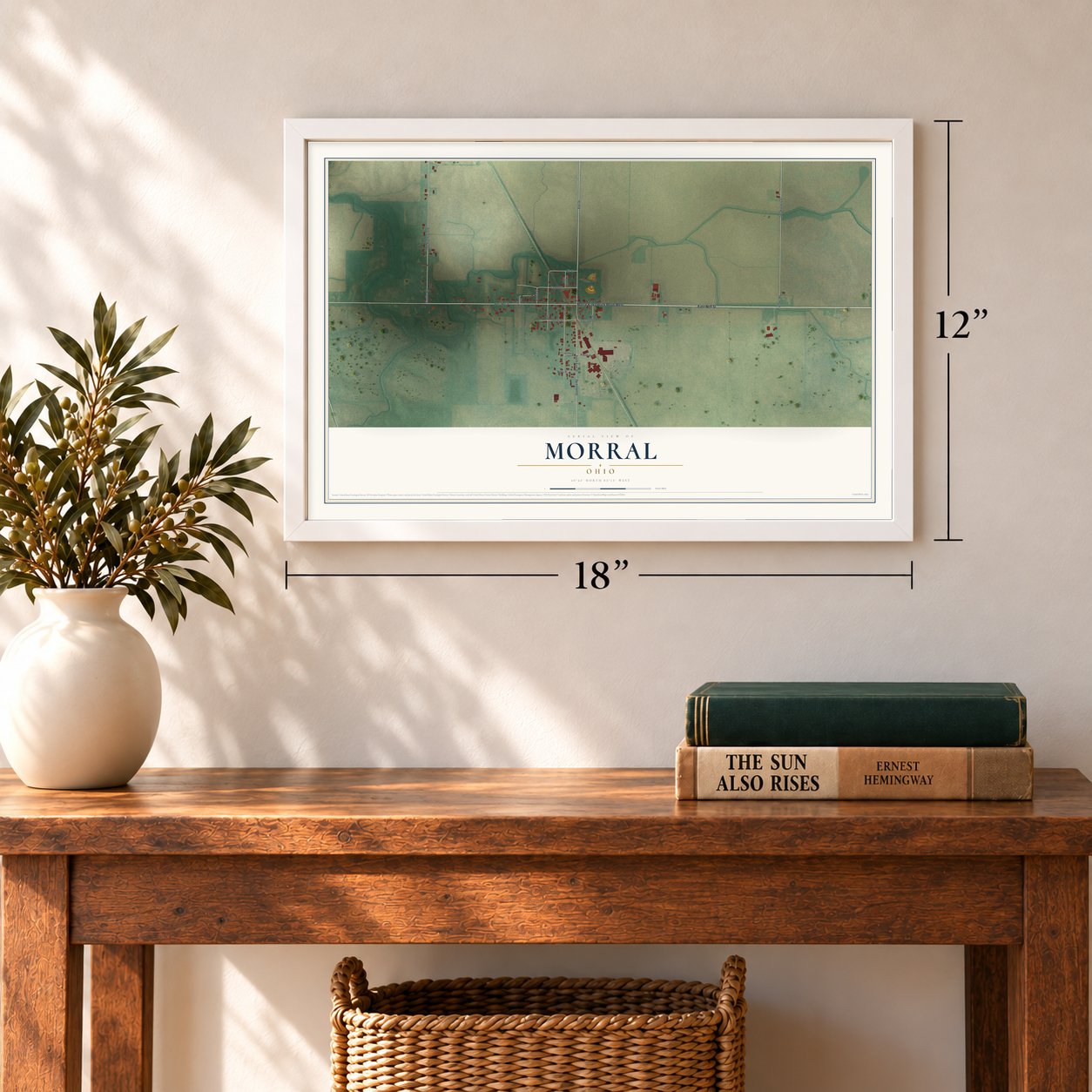 Morral, Ohio map, 12 x 18 inch print in a white frame in an entryway