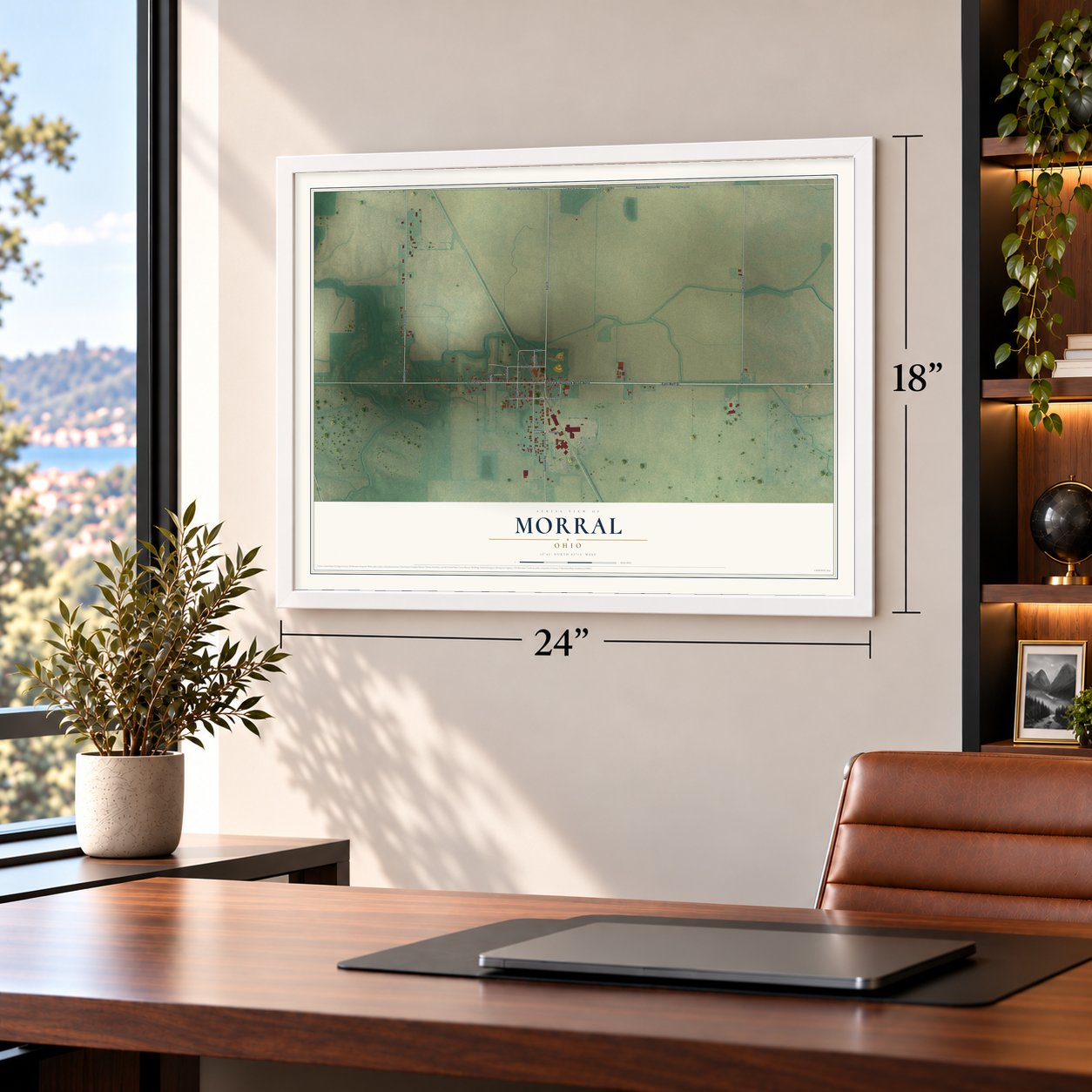 Morral, Ohio map, 18 x 24 inch print in a white frame in a home office