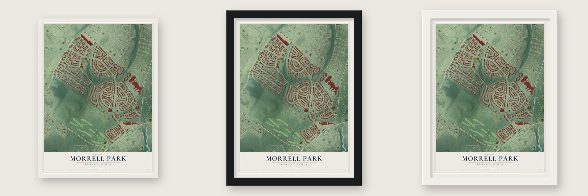 Morrell Park, Pennsylvania map unframed, in a black wood frame and in a white wood frame