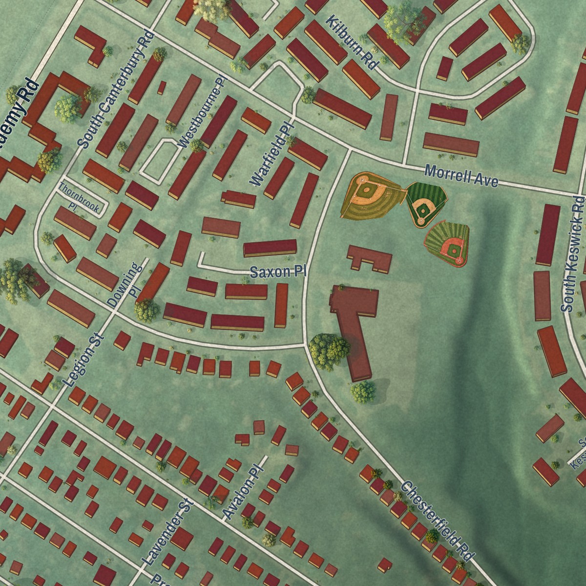 Second close-up of the map of Morrell Park, Pennsylvania print showing more streets and buildings