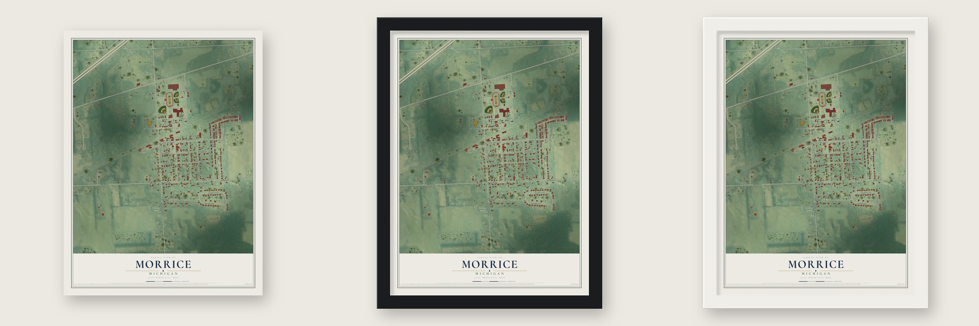 Morrice, Michigan map unframed, in a black wood frame and in a white wood frame