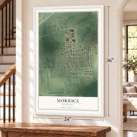 Morrice, Michigan map, 24 x 36 inch print in a white frame by a staircase