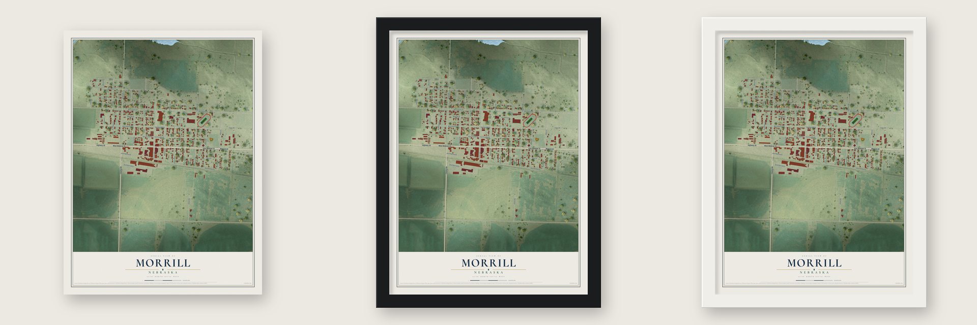 Morrill, Nebraska map unframed, in a black wood frame and in a white wood frame