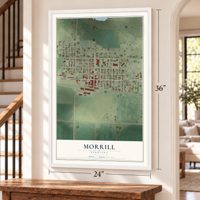 Morrill, Nebraska map, 24 x 36 inch print in a white frame by a staircase