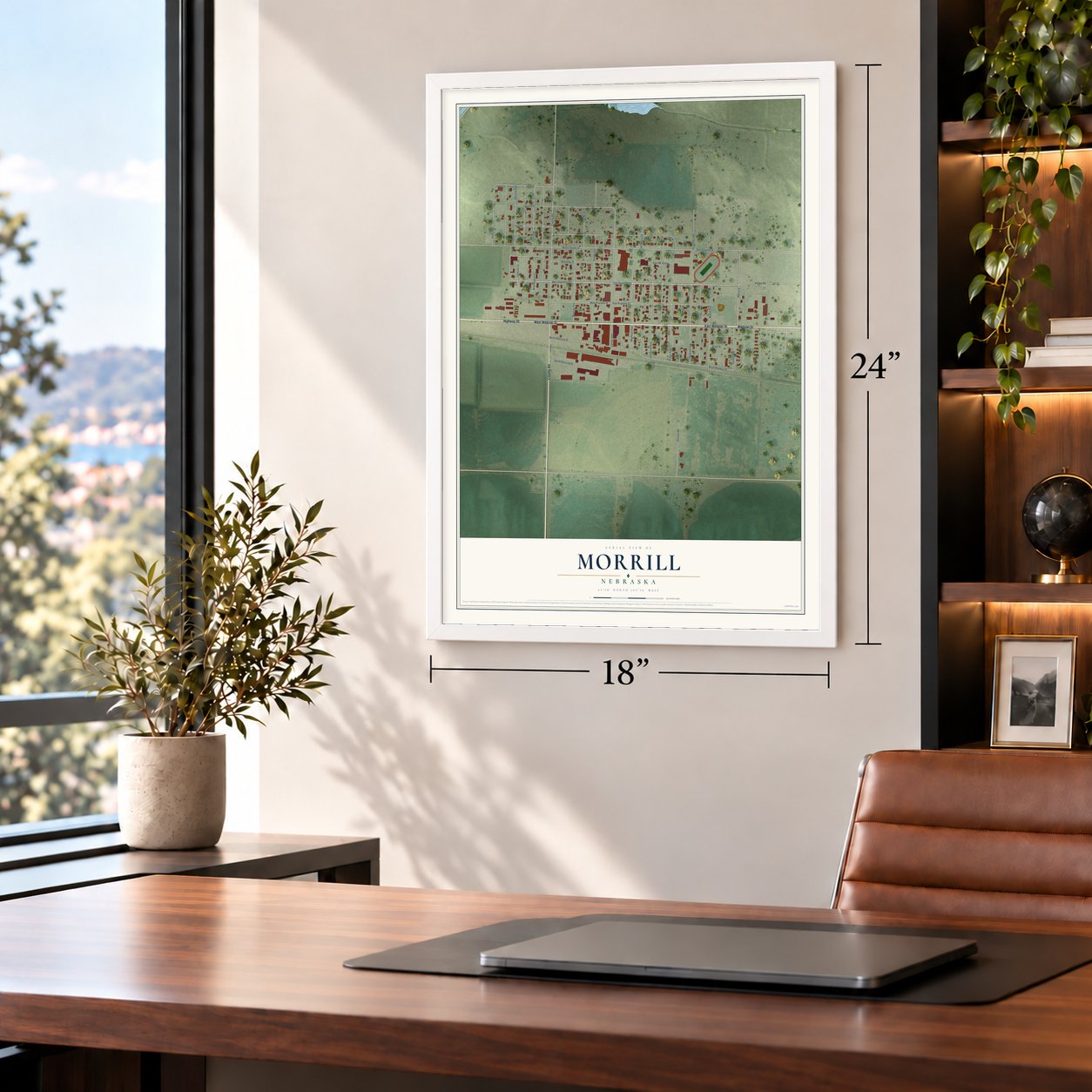 Morrill, Nebraska map, 18 x 24 inch print in a white frame in a home office