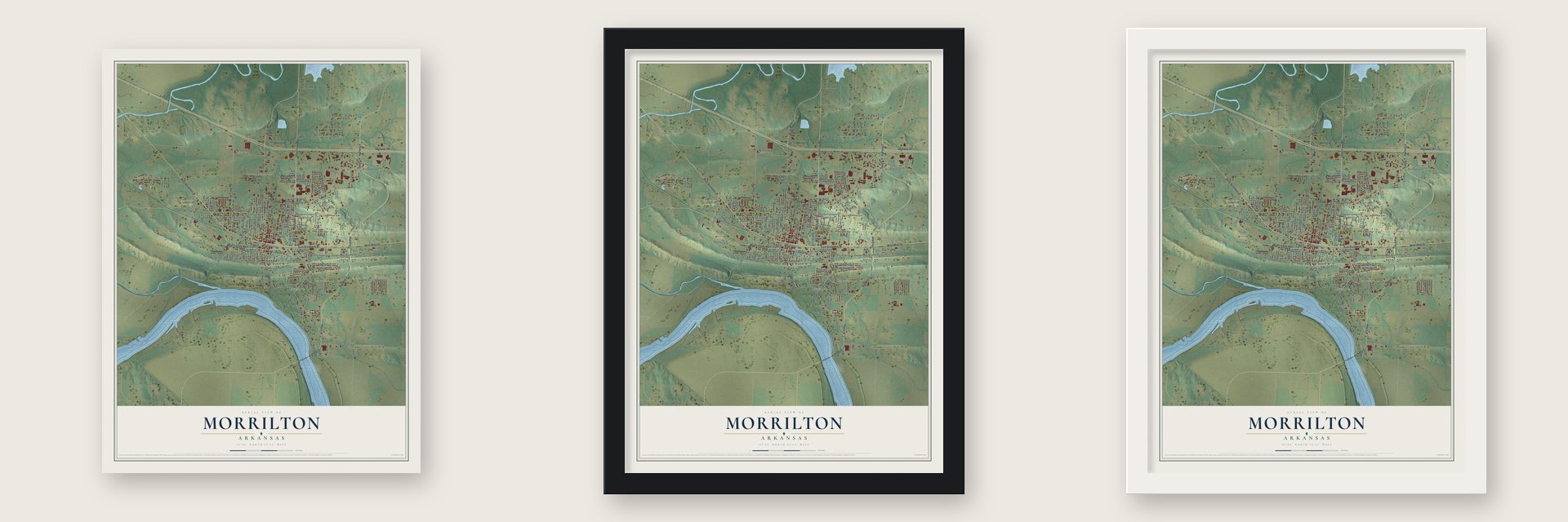 Morrilton, Arkansas map unframed, in a black wood frame and in a white wood frame