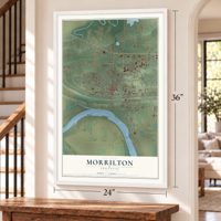 Morrilton, Arkansas map, 24 x 36 inch print in a white frame by a staircase