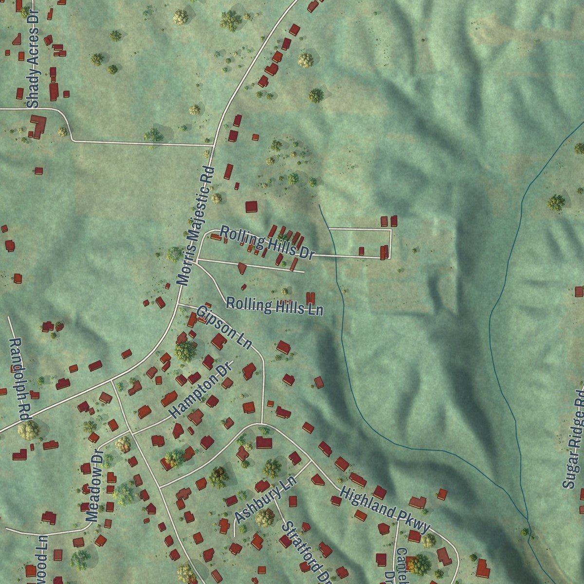Second close-up of the map of Morris, Alabama print showing more streets and buildings