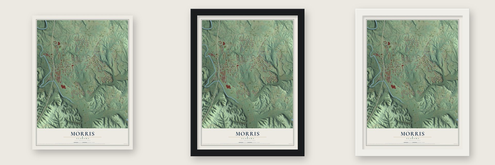 Morris, Alabama map unframed, in a black wood frame and in a white wood frame