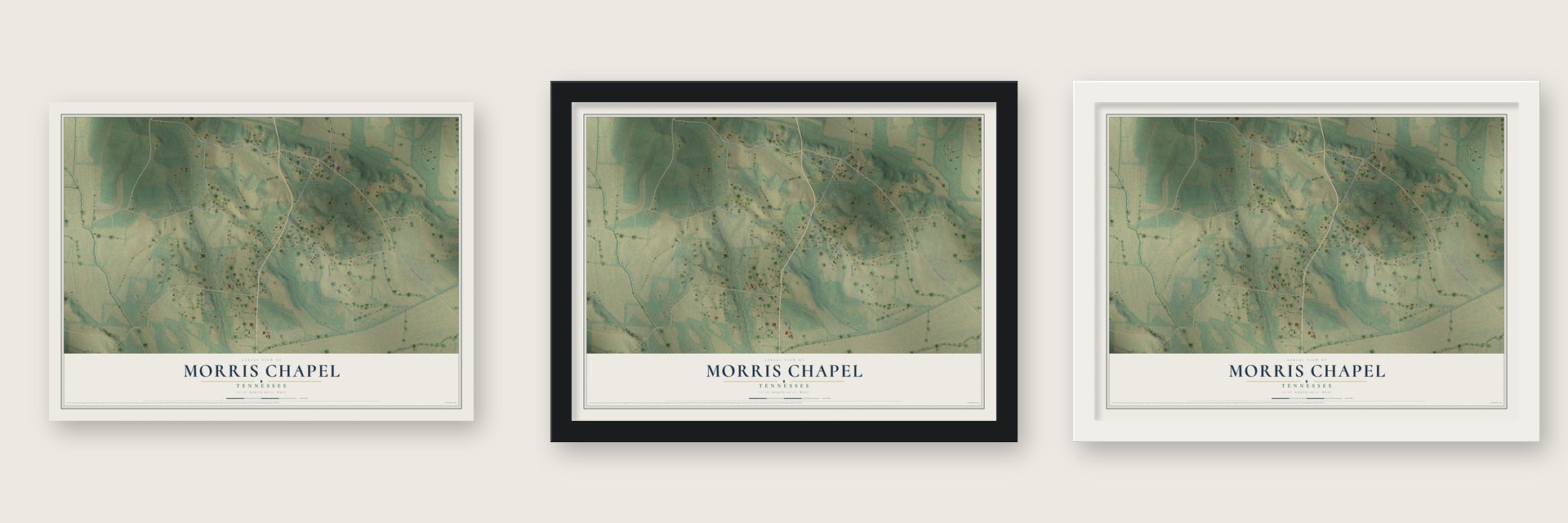 Morris Chapel, Tennessee map unframed, in a black wood frame and in a white wood frame