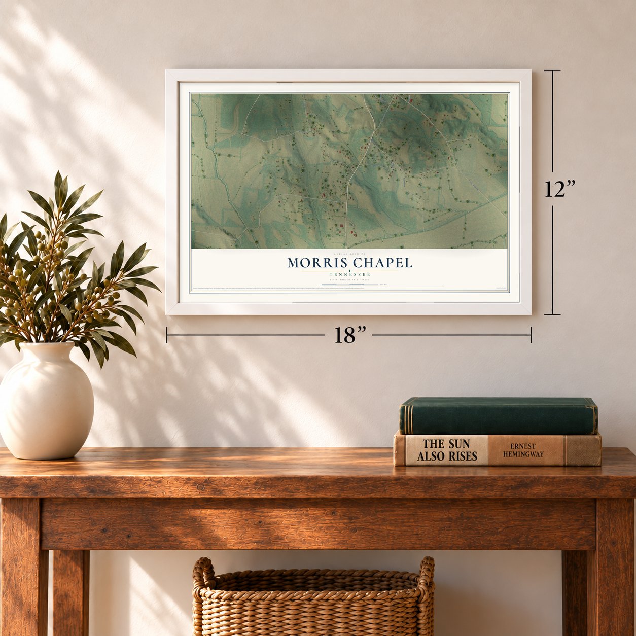 Morris Chapel, Tennessee map, 12 x 18 inch print in a white frame in an entryway