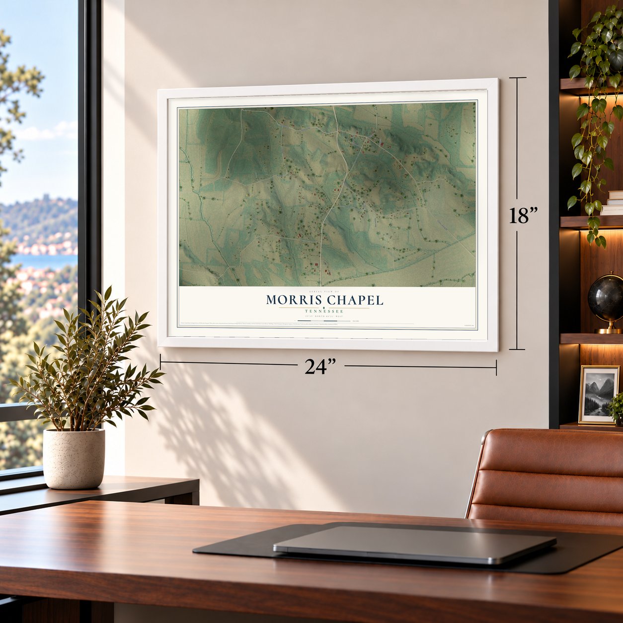 Morris Chapel, Tennessee map, 18 x 24 inch print in a white frame in a home office