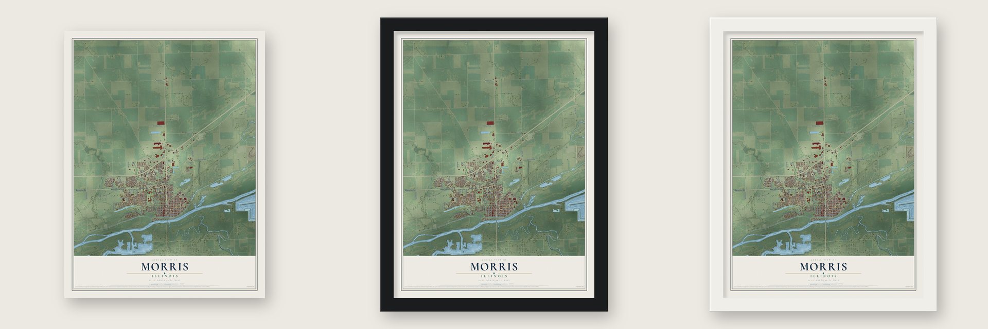 Morris, Illinois map unframed, in a black wood frame and in a white wood frame