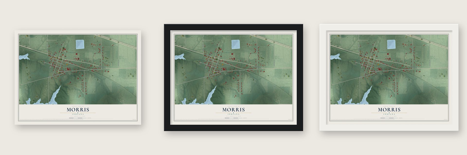 Morris, Indiana map unframed, in a black wood frame and in a white wood frame