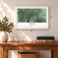 Morris, Indiana map, 12 x 18 inch print in a white frame in an entryway
