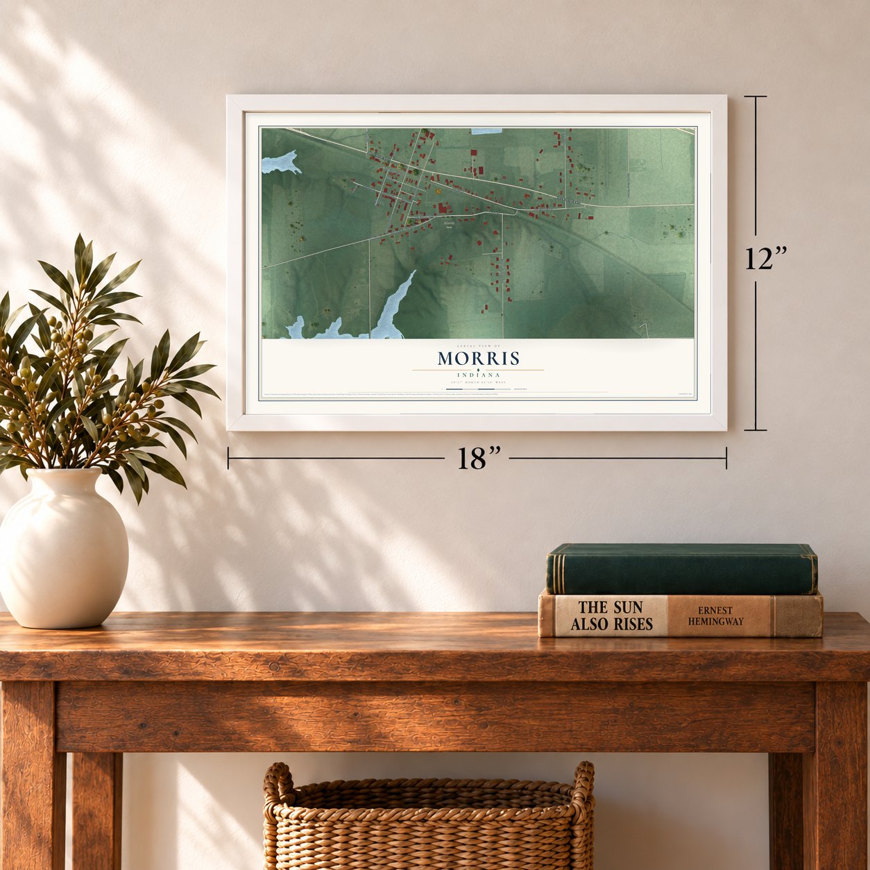 Morris, Indiana map, 12 x 18 inch print in a white frame in an entryway