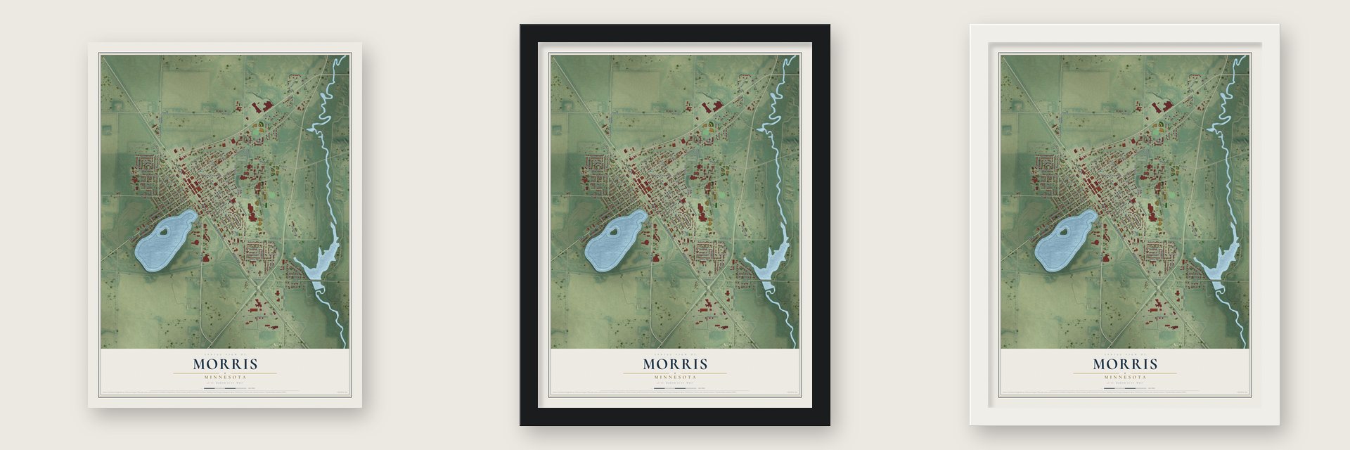 Morris, Minnesota map unframed, in a black wood frame and in a white wood frame