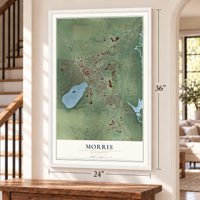 Morris, Minnesota map, 24 x 36 inch print in a white frame by a staircase