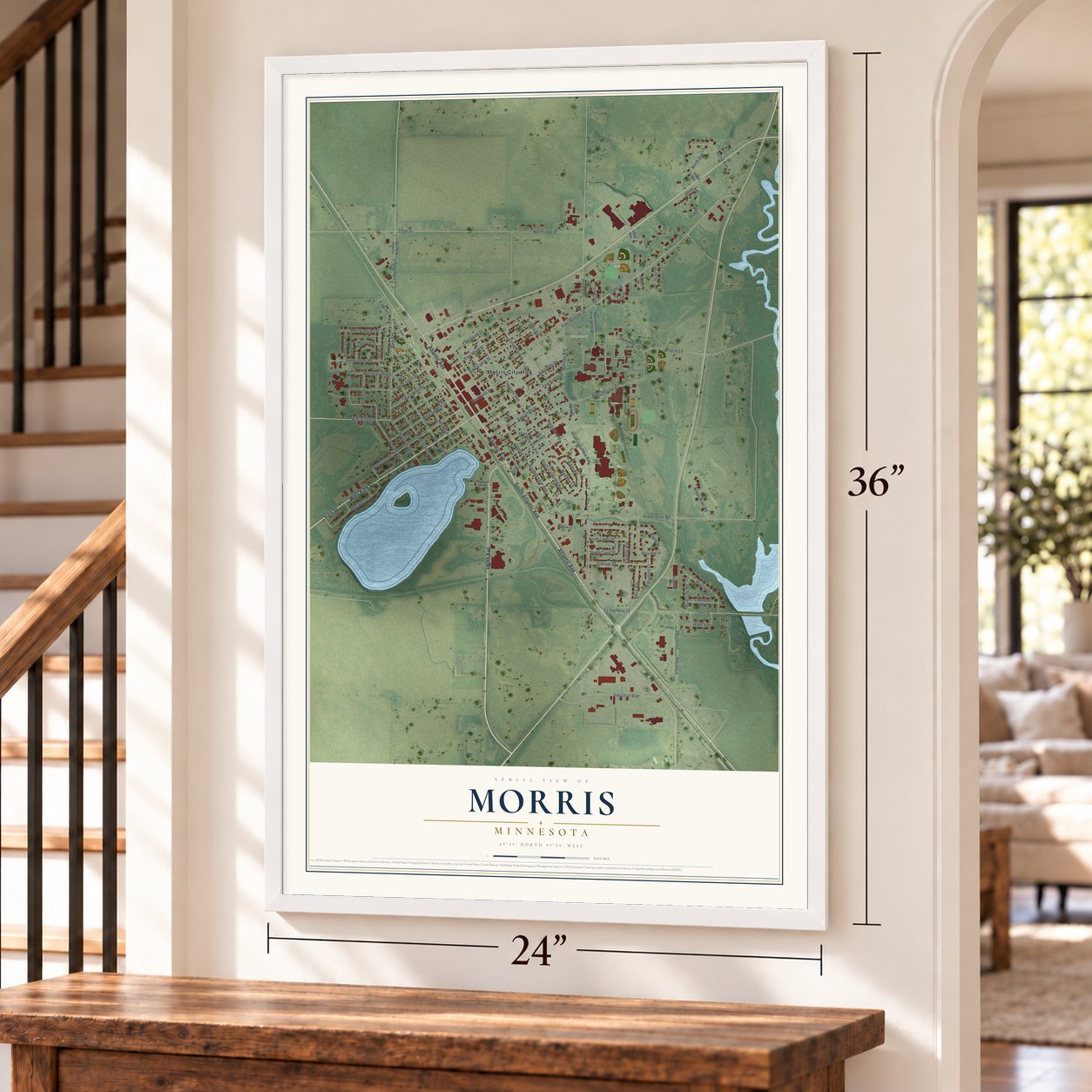 Morris, Minnesota map, 24 x 36 inch print in a white frame by a staircase