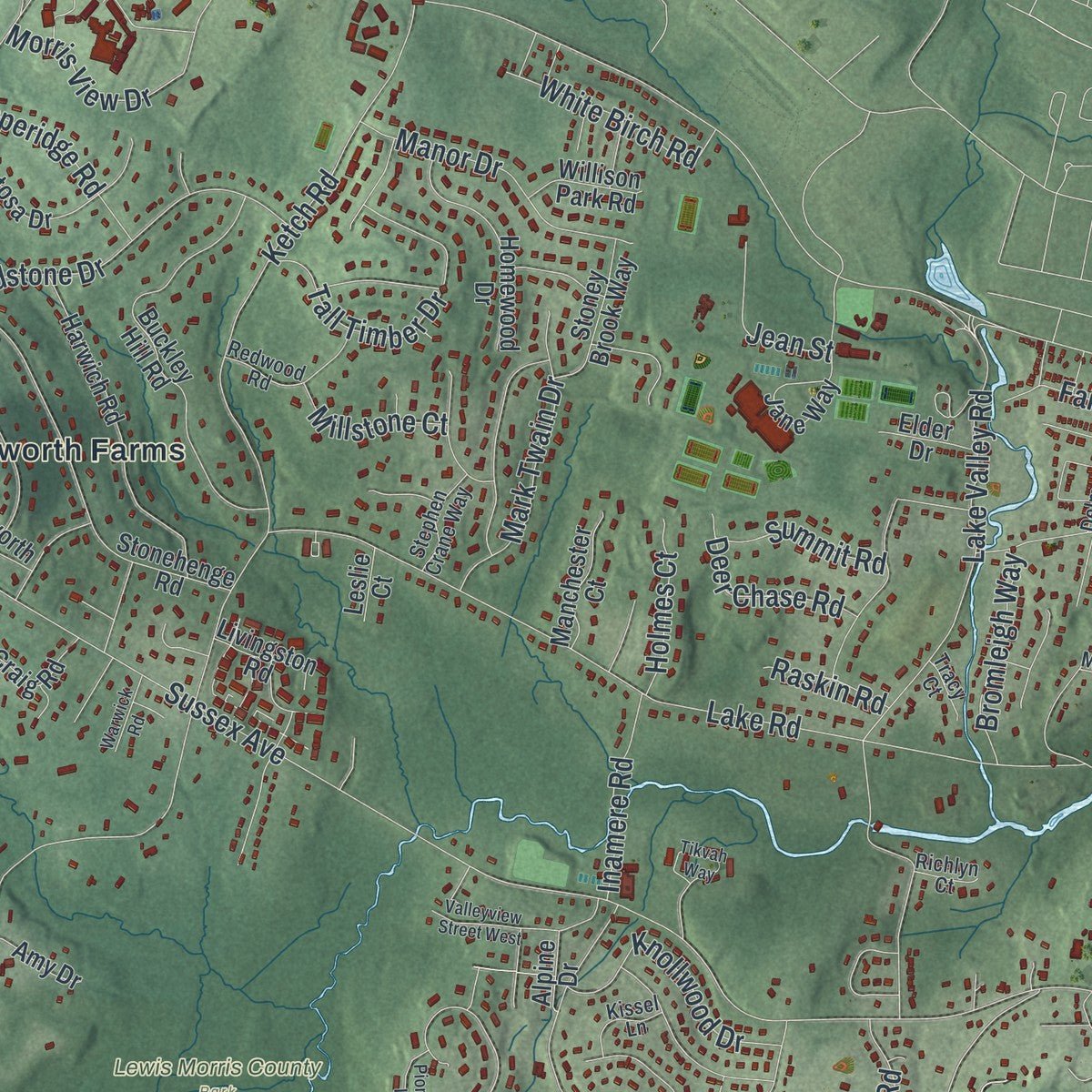 Second close-up of the map of Morris, New Jersey print showing more streets and buildings