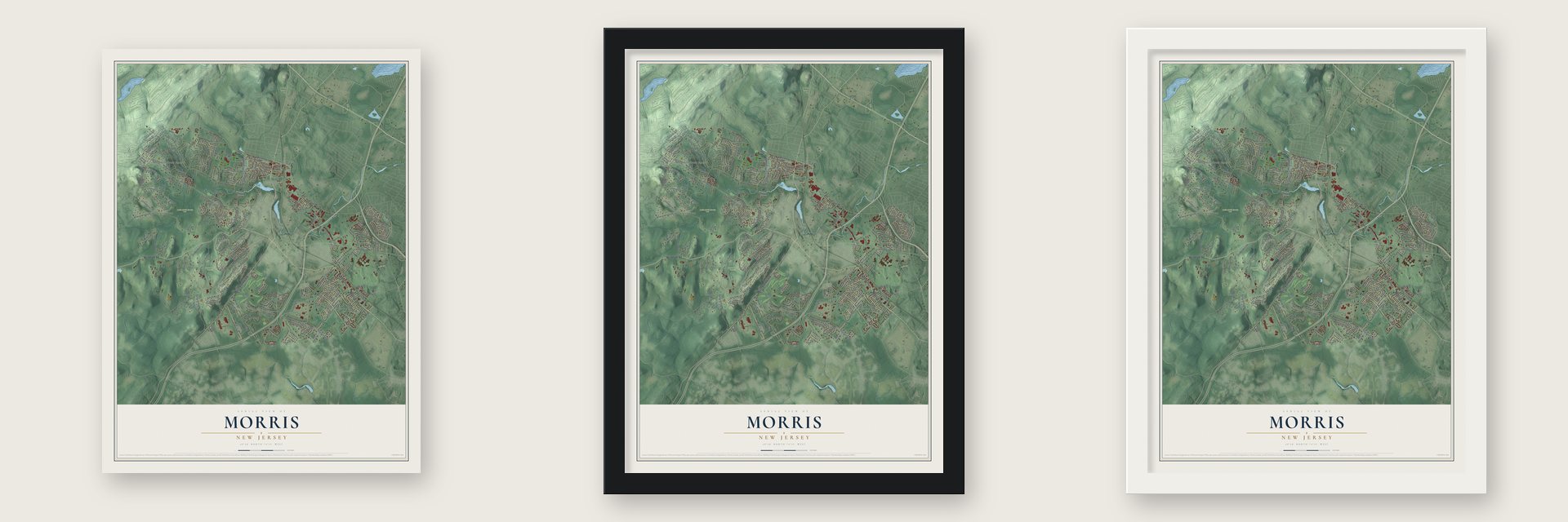 Morris, New Jersey map unframed, in a black wood frame and in a white wood frame