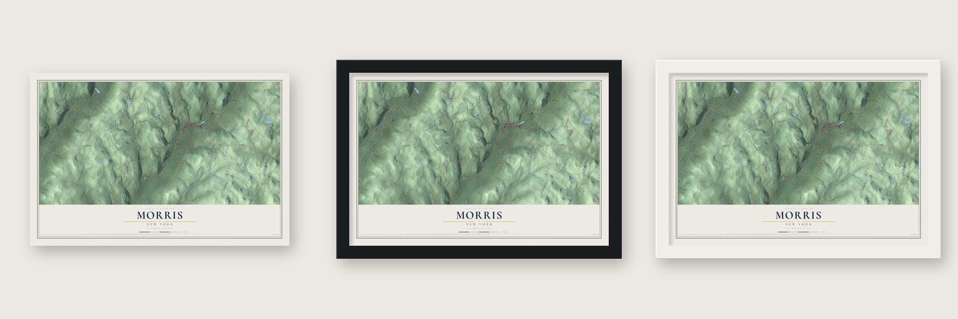 Morris, New York map unframed, in a black wood frame and in a white wood frame