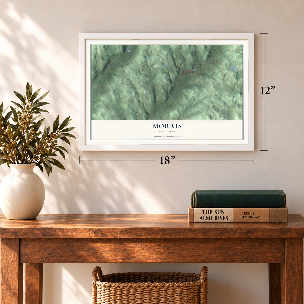 Morris, New York map, 12 x 18 inch print in a white frame in an entryway