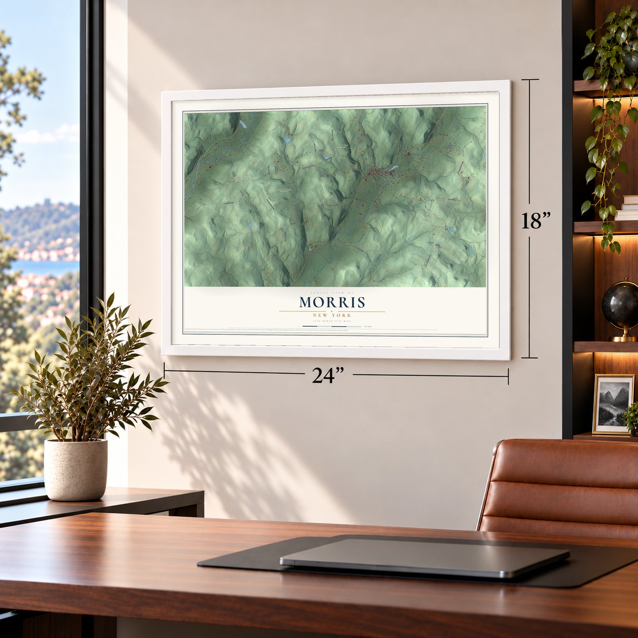Morris, New York map, 18 x 24 inch print in a white frame in a home office