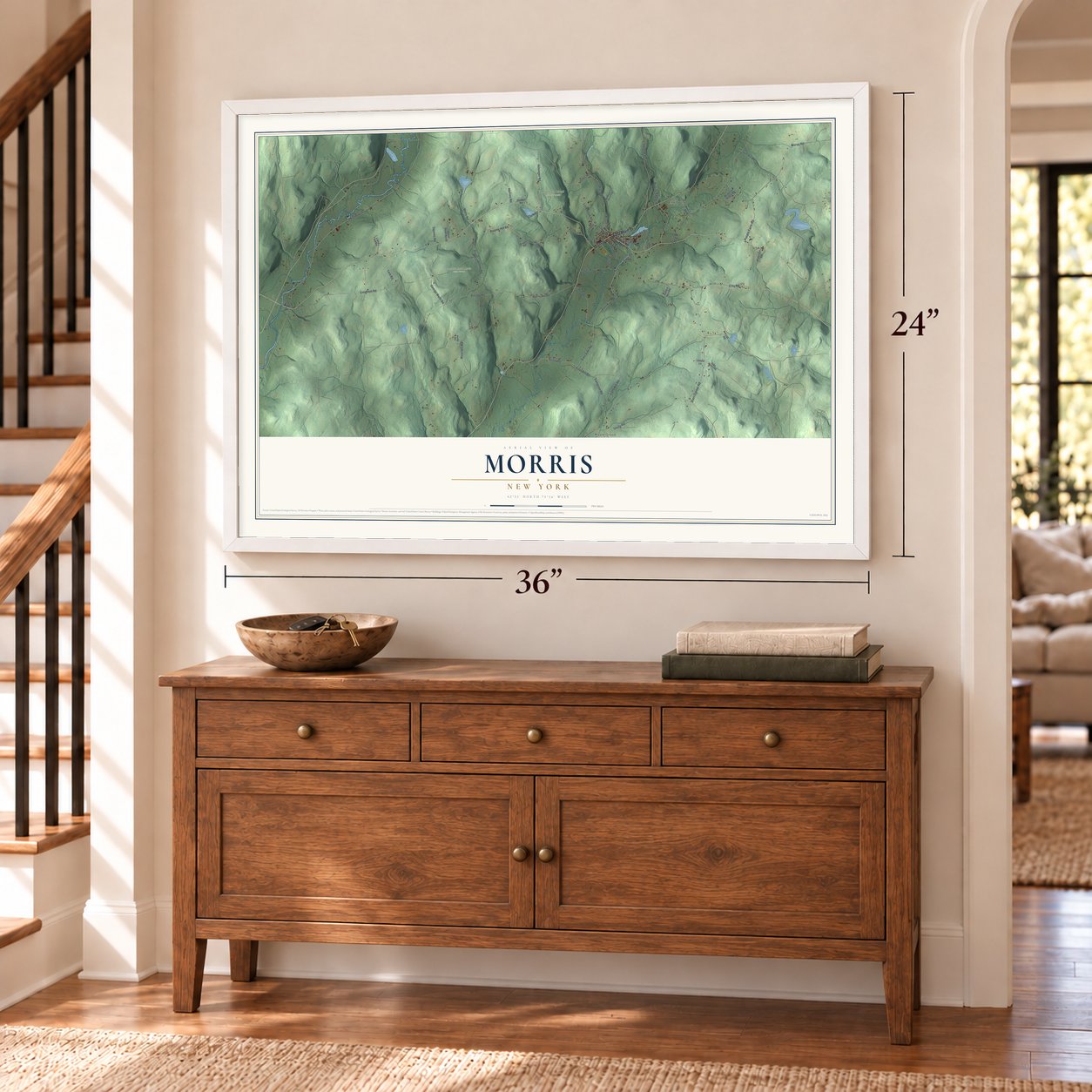 Morris, New York map, 24 x 36 inch print in a white frame above a dresser by a staircase