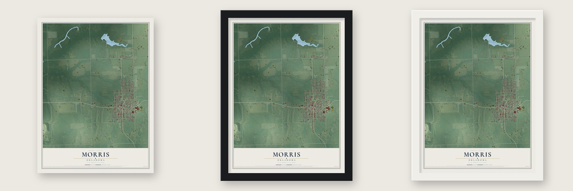 Morris, Oklahoma map unframed, in a black wood frame and in a white wood frame