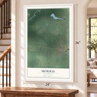Morris, Oklahoma map, 24 x 36 inch print in a white frame by a staircase
