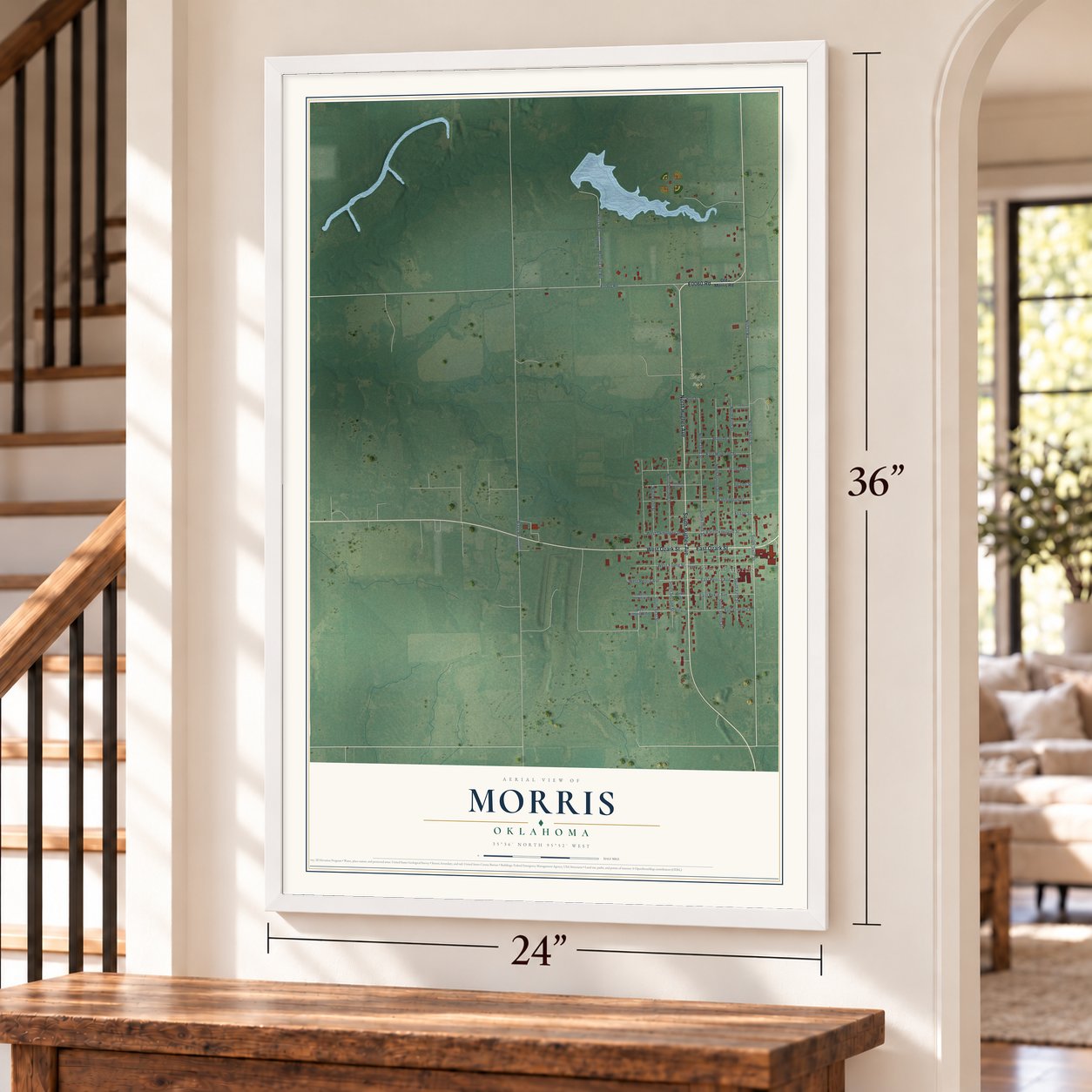 Morris, Oklahoma map, 24 x 36 inch print in a white frame by a staircase