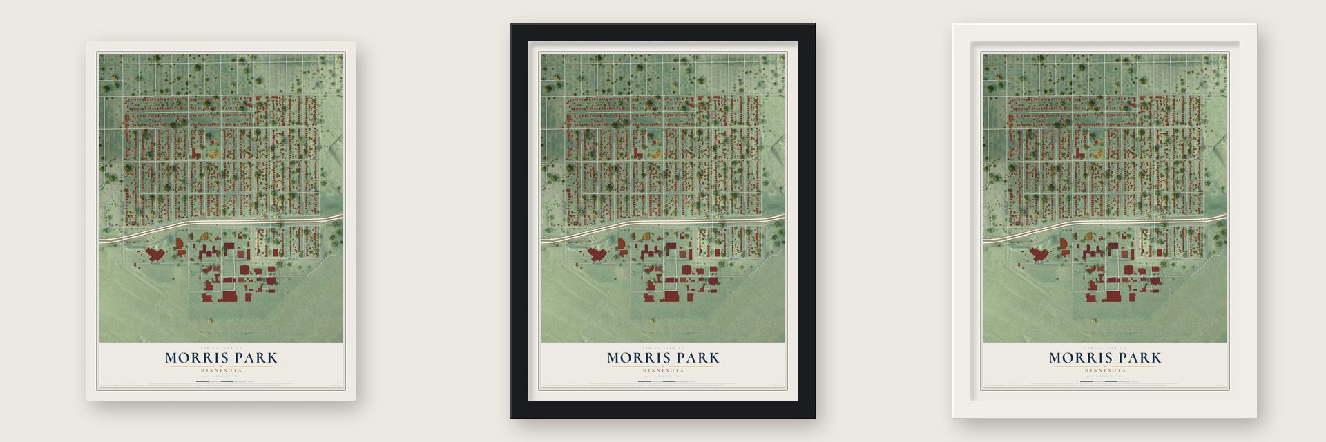 Morris Park, Minnesota map unframed, in a black wood frame and in a white wood frame