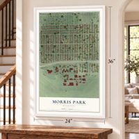 Morris Park, Minnesota map, 24 x 36 inch print in a white frame by a staircase