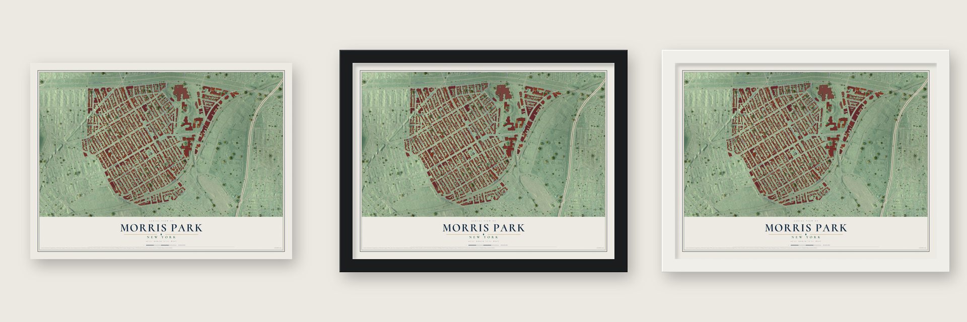 Morris Park, New York map unframed, in a black wood frame and in a white wood frame