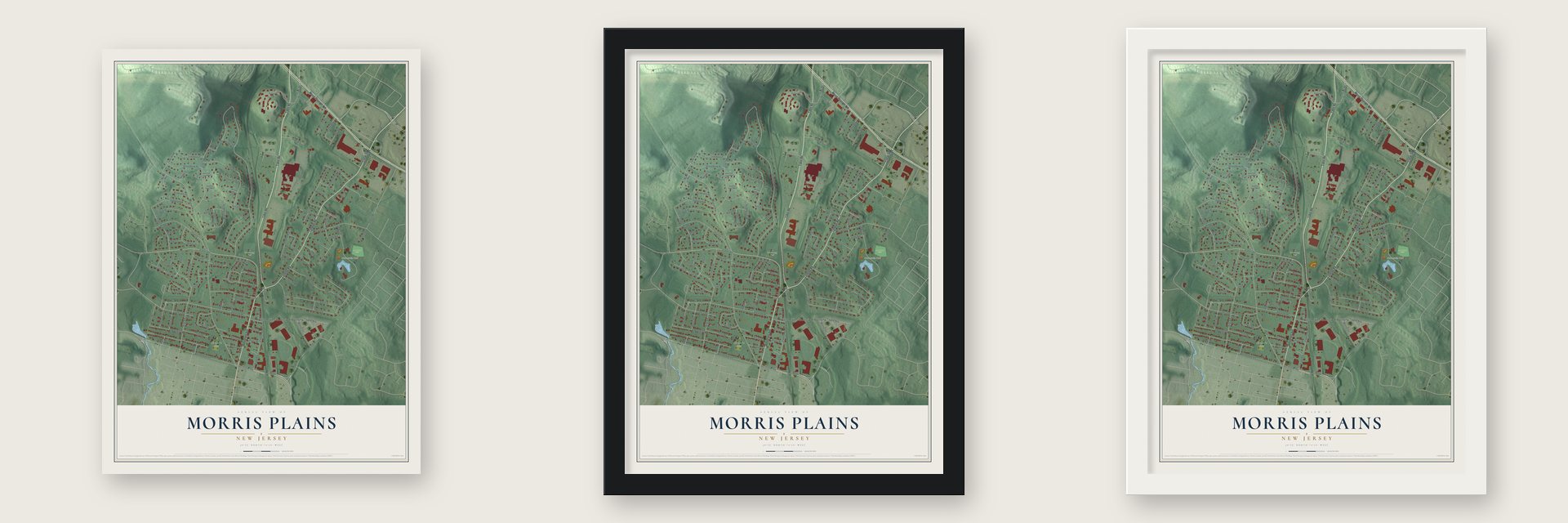 Morris Plains, New Jersey map unframed, in a black wood frame and in a white wood frame