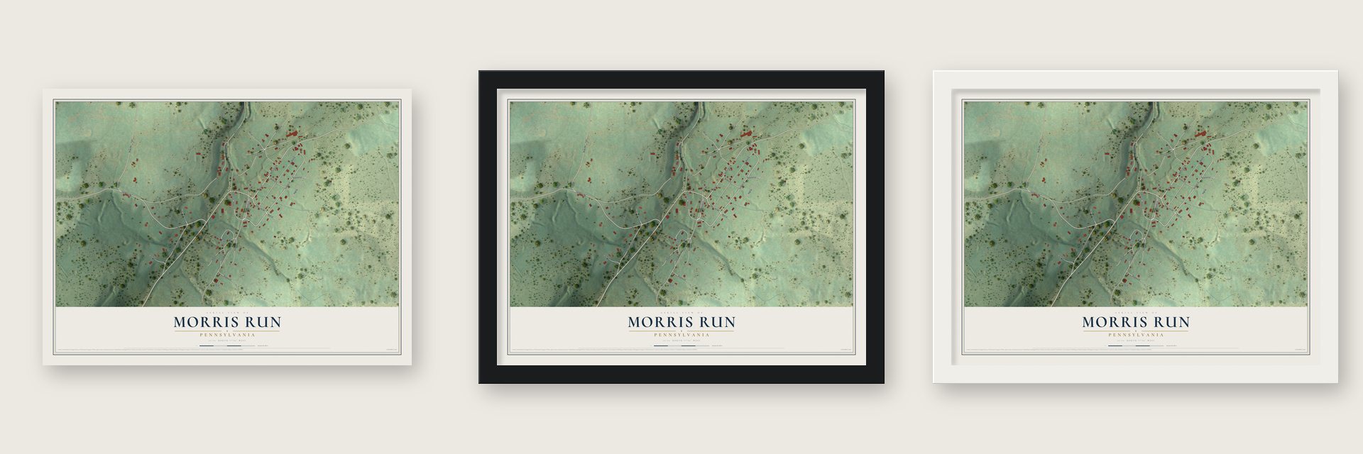 Morris Run, Pennsylvania map unframed, in a black wood frame and in a white wood frame