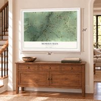 Morris Run, Pennsylvania map, 24 x 36 inch print in a white frame above a dresser by a staircase