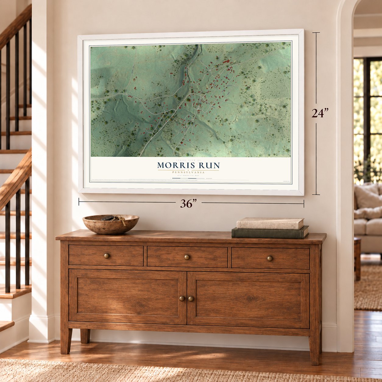 Morris Run, Pennsylvania map, 24 x 36 inch print in a white frame above a dresser by a staircase