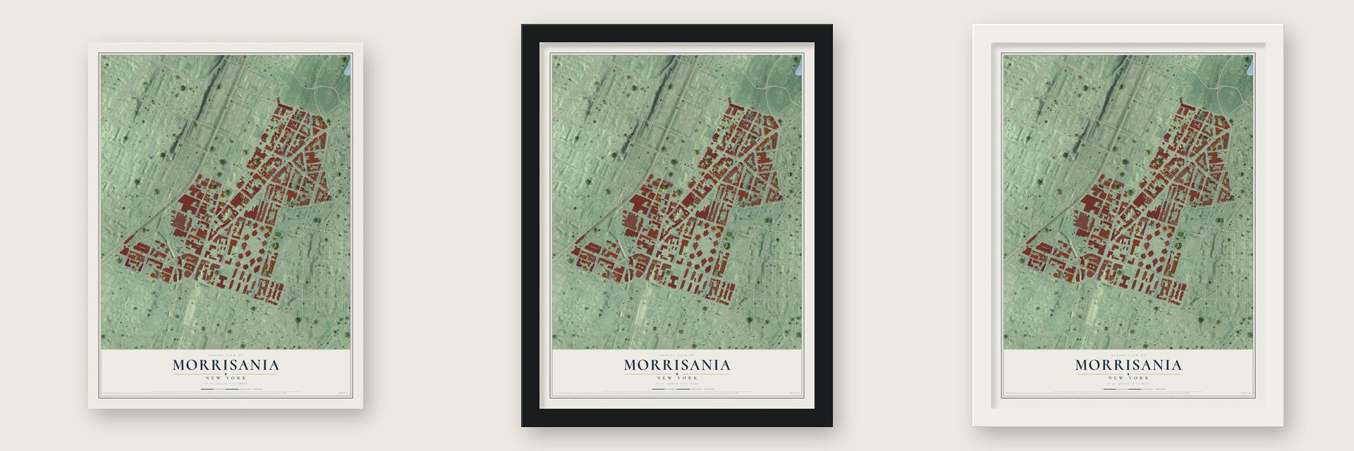Morrisania, New York map unframed, in a black wood frame and in a white wood frame