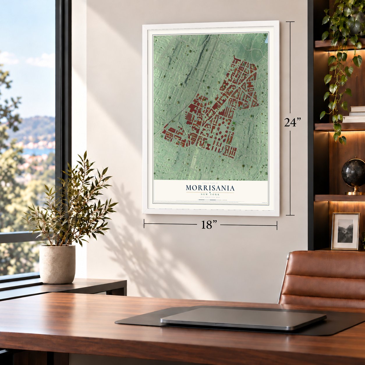 Morrisania, New York map, 18 x 24 inch print in a white frame in a home office