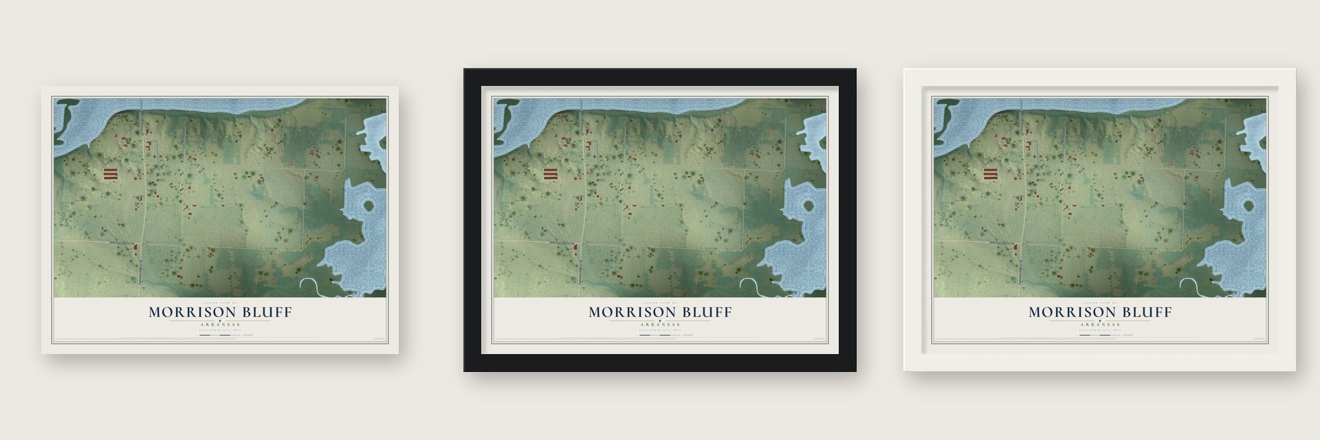 Morrison Bluff, Arkansas map unframed, in a black wood frame and in a white wood frame