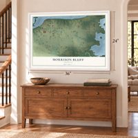 Morrison Bluff, Arkansas map, 24 x 36 inch print in a white frame above a dresser by a staircase