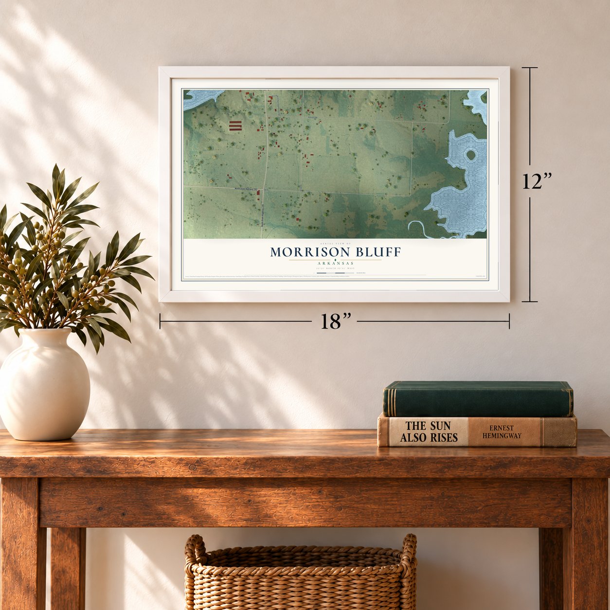 Morrison Bluff, Arkansas map, 12 x 18 inch print in a white frame in an entryway
