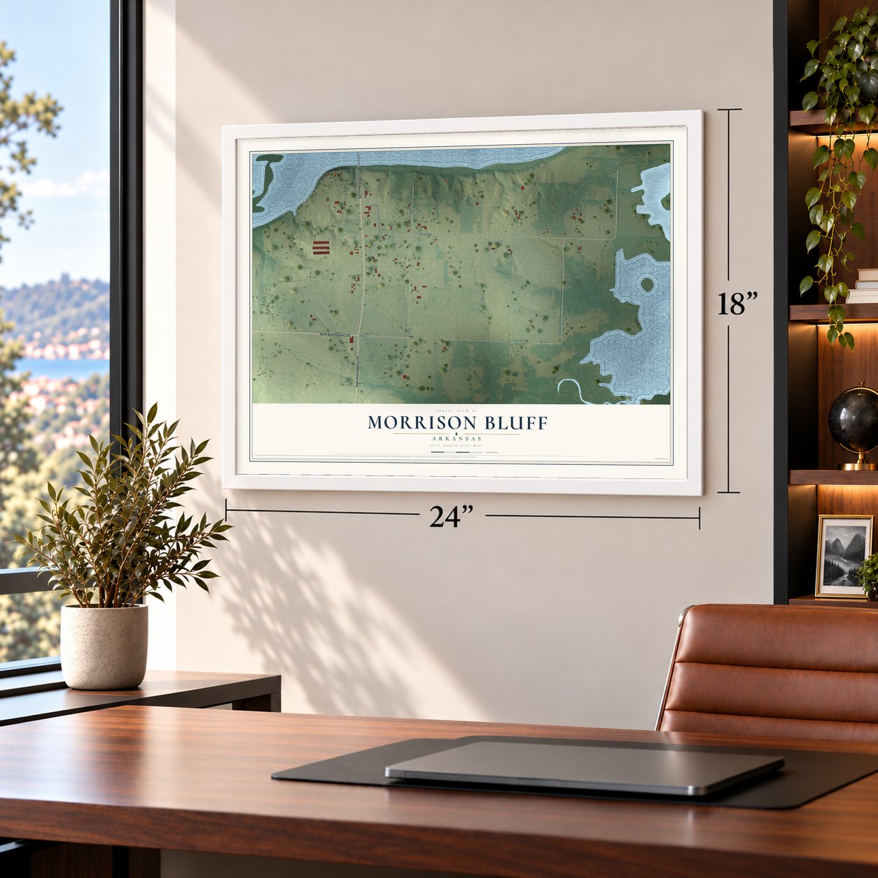 Morrison Bluff, Arkansas map, 18 x 24 inch print in a white frame in a home office