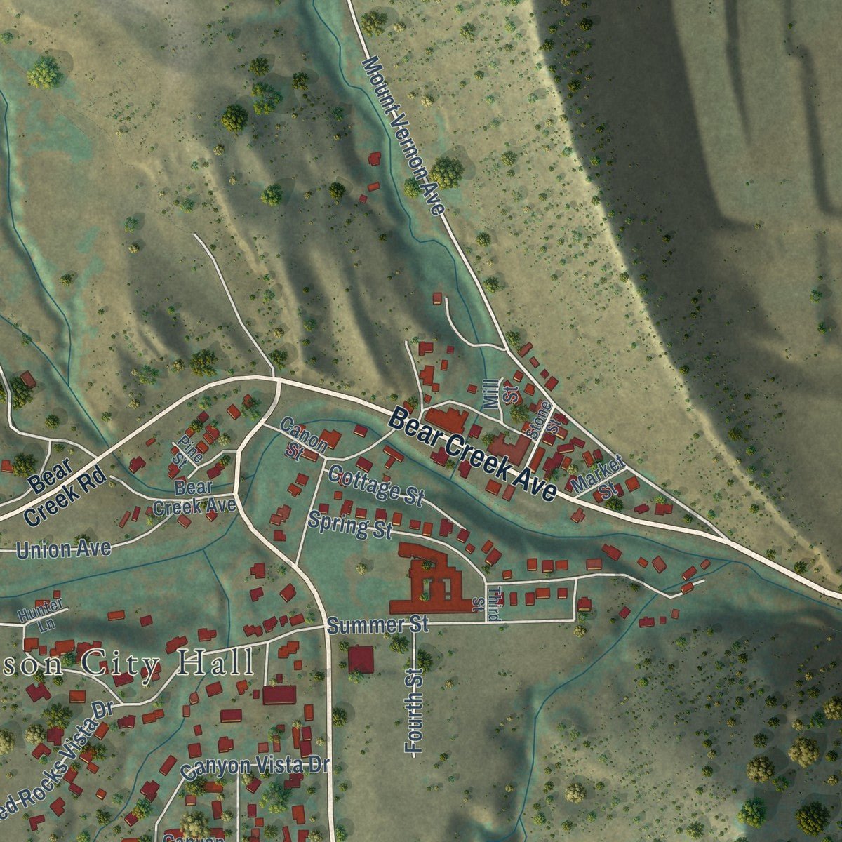 Second close-up of the map of Morrison, Colorado print showing more streets and buildings