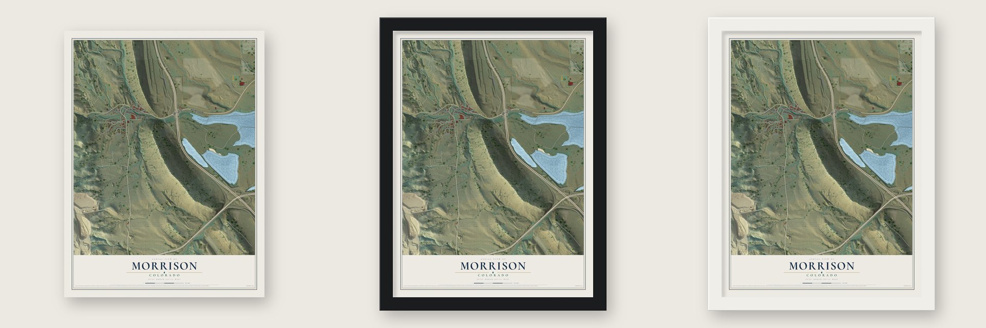 Morrison, Colorado map unframed, in a black wood frame and in a white wood frame